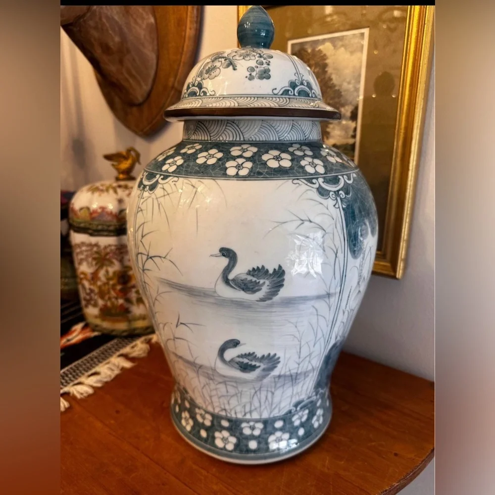 Maitland Smith Teal and White Ceramic Ginger Jar with Lid